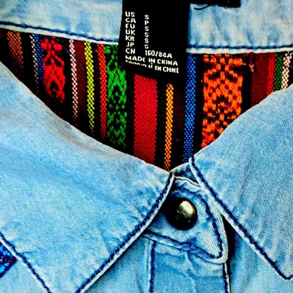 Denim Long Sleeve Studded Top with Print - Picture 3 of 5